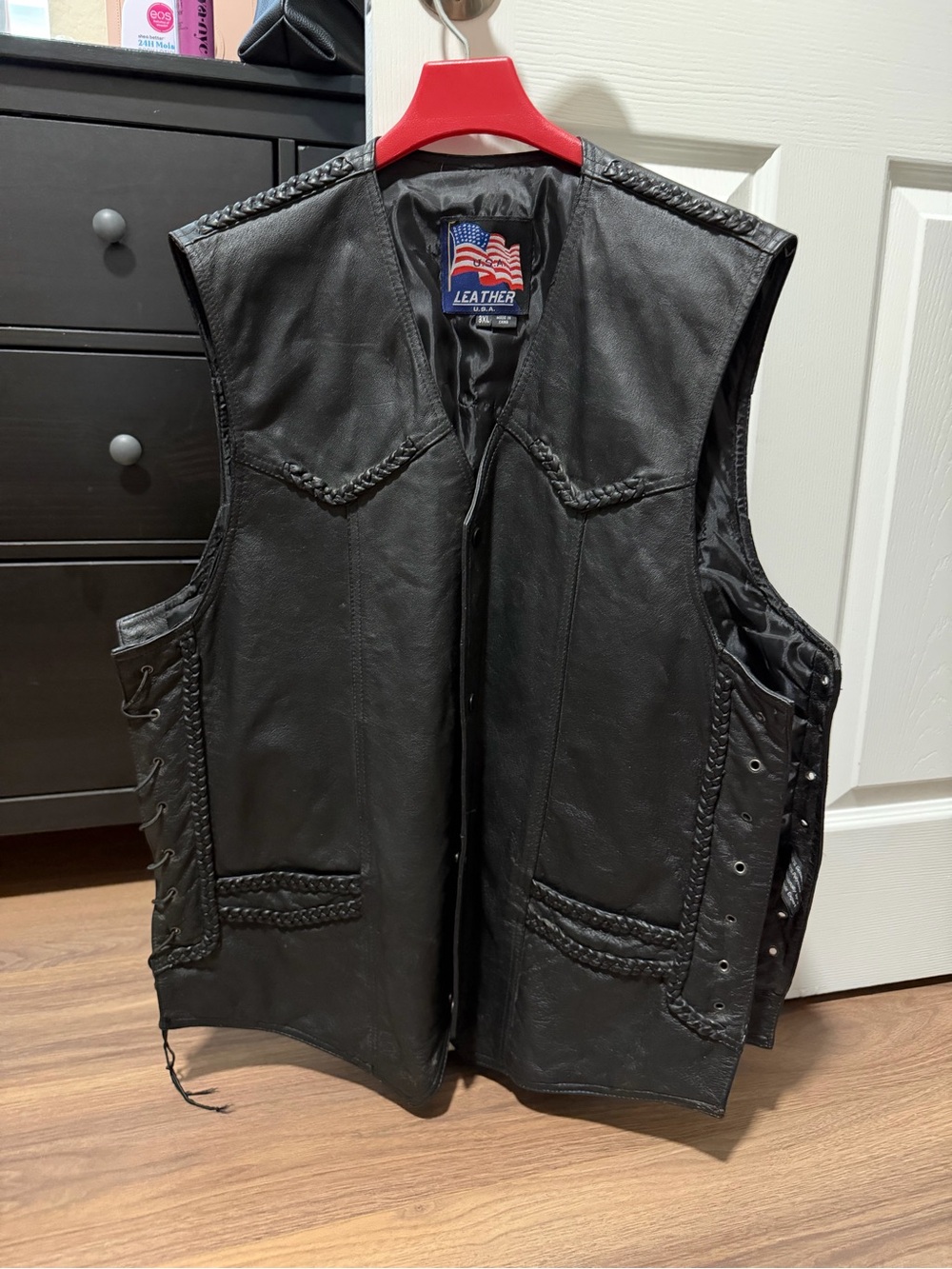 Men's Black Leather Braid-Trim Vest by Leather USA